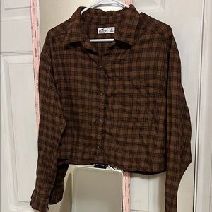 Brown Plaid Button-Up Shirt Cropped